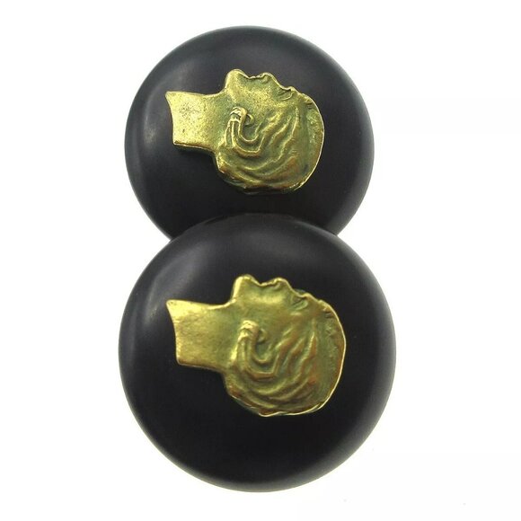 Chanel Button Earrings Black Gold Clip-On 94A - Picture 2 of 5